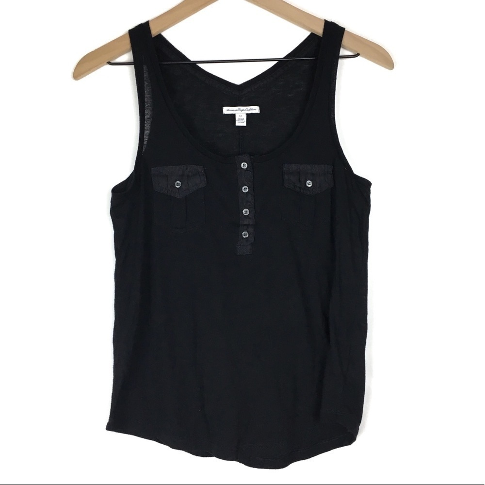 AMERICAN EAGLE Tank Top Henley Button Details Solid Black Minimalist Size Small - Picture 9 of 9
